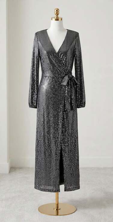BloomChic Dresses & Skirts - Size 12 Large BloomChic Long Sleeve V-Neck Sequin Wrap Tie Waist Maxi Dress